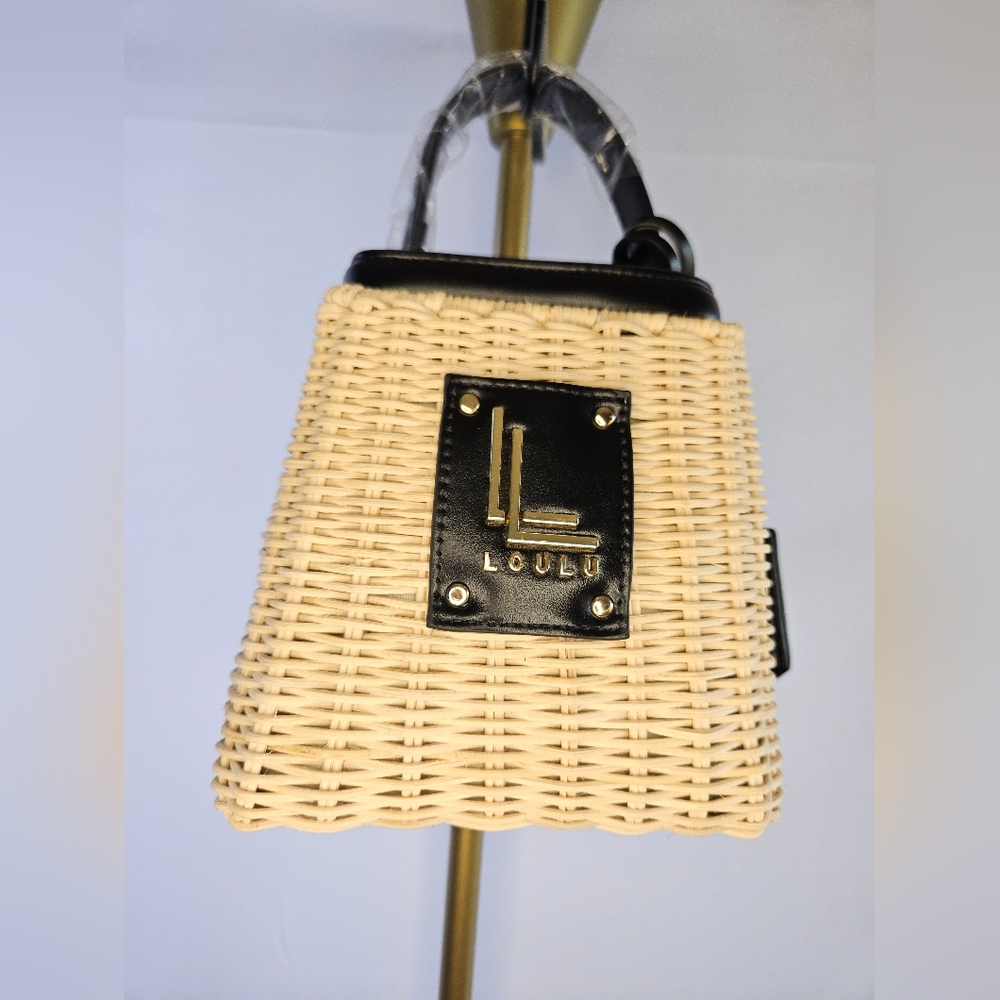 Loulu Wicker Tan Black Crossbody Mini Bucket Bag